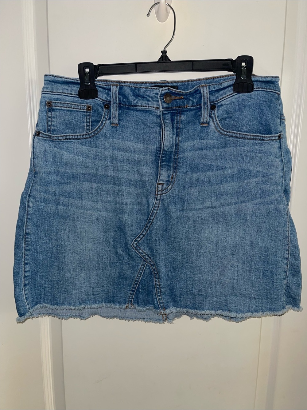 J.Crew Mercantile Denim Mini Skirt Size 12 Blue Jean Frayed Hem Casual Stretch